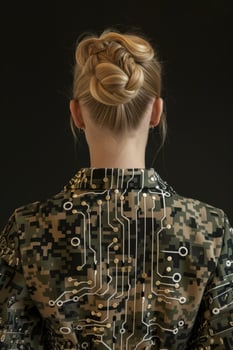 Woman with an intricate hairstyle and digital circuit patterned clothing photo