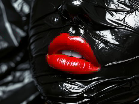Close up of red lips with black glossy background photo