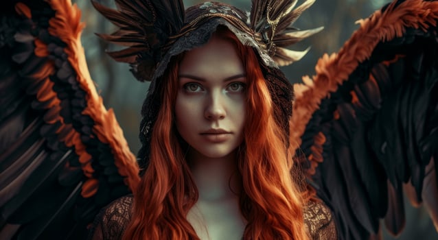 Mystical woman with fiery hair and dark angel wings in an enchanted forest photo