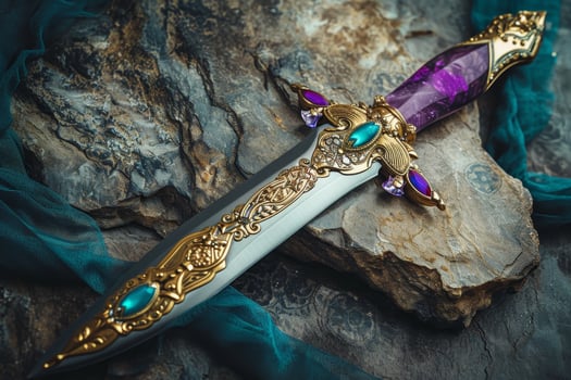 Ornate Fantasy Dagger on Rocky Surface photo