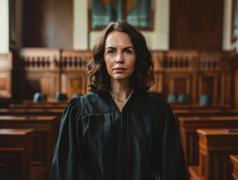 Confident female lawyer standing in a courtroom photo