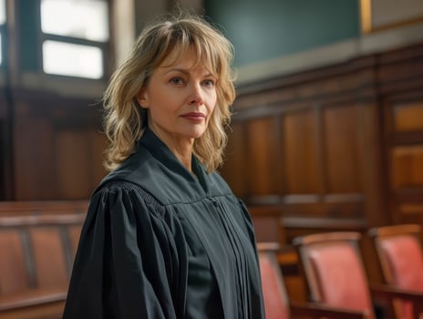 Confident female judge standing in a courtroom photo