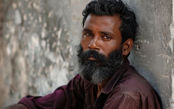 Portrait of a thoughtful man with a beard leaning against a wall photo