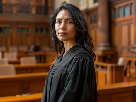 Confident female lawyer standing in a courtroom photo