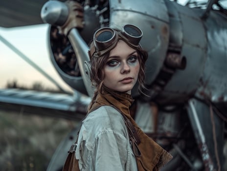Vintage pilot woman standing by old airplane photo