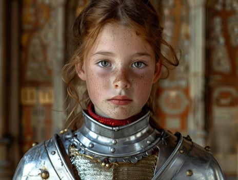 Young girl in medieval knight armor posing for a portrait photo