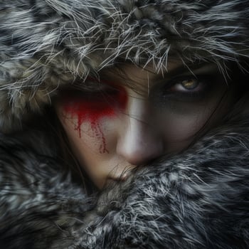 Mysterious person with intense gaze and face paint photo
