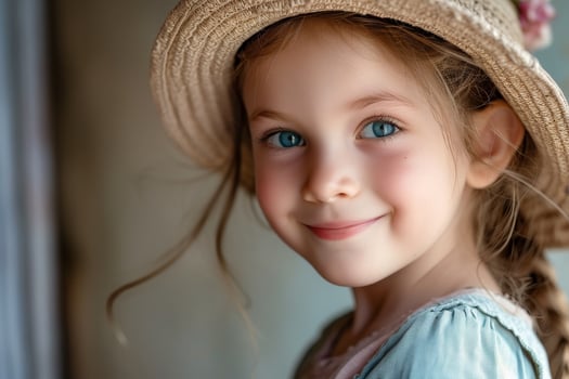 Smiling Young Girl Wearing a Straw Hat photo