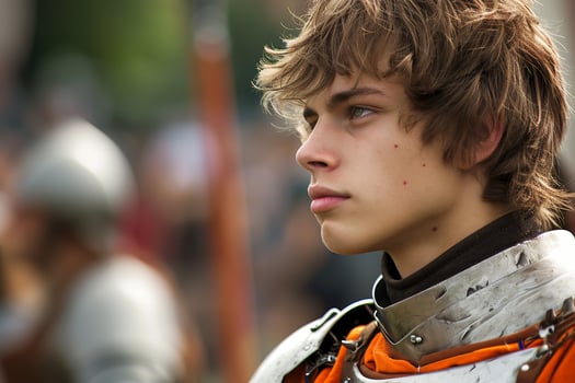 Young medieval knight looking into the distance photo