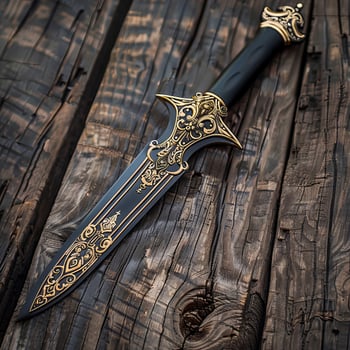 Ornate dagger on wooden background photo