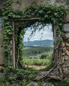 Nature Reclaims Abandoned Building Through Window Frame photo