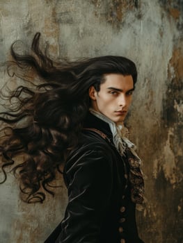 Elegant man with flowing hair in vintage attire against a textured backdrop photo