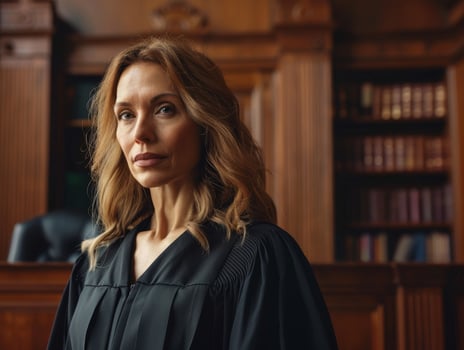 Confident female lawyer in a courtroom library photo