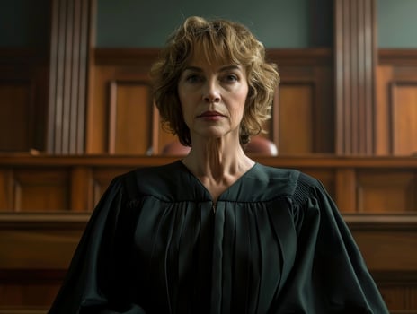 Stern judge presiding over a courtroom photo