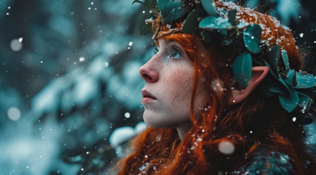 Enchanting woman with red hair in a winter wonderland photo