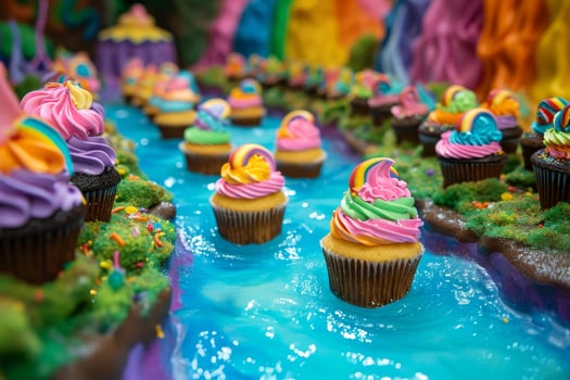 Colorful cupcakes with vibrant icing on a festive background photo