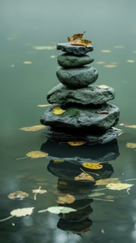 Zen stones in calm water with autumn leaves photo