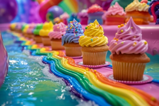 Colorful cupcakes with vibrant icing on a whimsical background photo