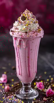 Colorful milkshake topped with whipped cream and sprinkles photo