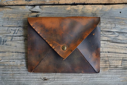 Vintage leather envelope on a rustic wooden background photo
