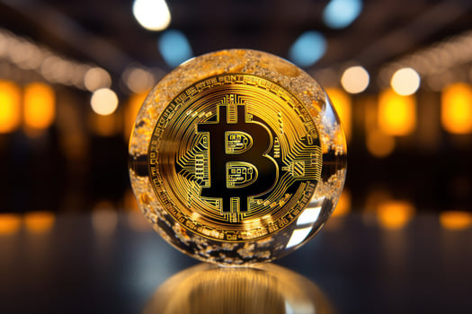 Golden Bitcoin Cryptocurrency on Reflective Surface photo