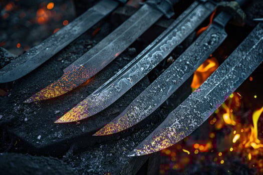 Forged blades cooling on an anvil with glowing embers photo