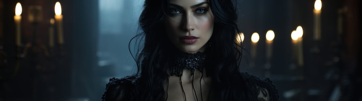 Mysterious woman in a dark, candlelit room photo