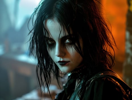 Mysterious gothic woman with dark makeup in urban setting photo