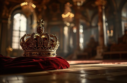 Regal crown on red velvet cushion with a blurred background photo