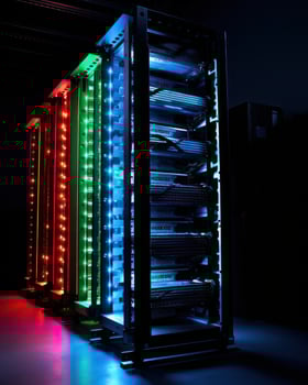 Futuristic server racks with neon lighting in a dark data center photo