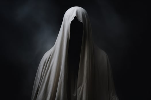 Mysterious figure shrouded in a white cloak against a dark background photo