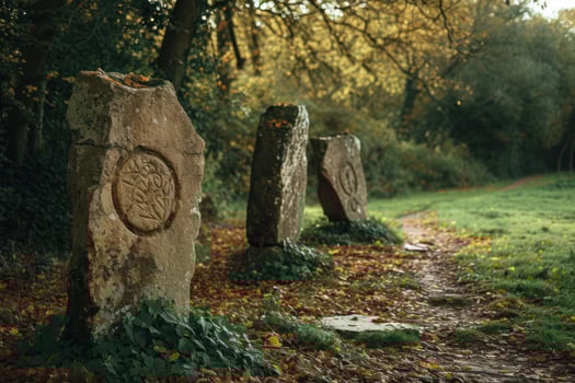 Ancient stone markers on a forest path in autumn photo
