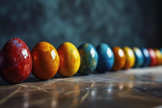 Colorful Easter eggs lined up on a textured surface photo