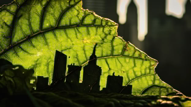 Cityscape Silhouette Through a Leaf Vein Pattern photo