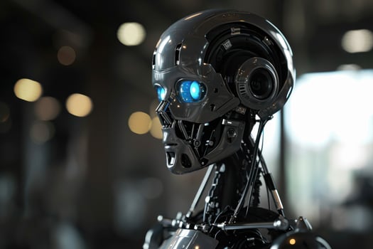 Futuristic Robot Head with Blue Eyes photo