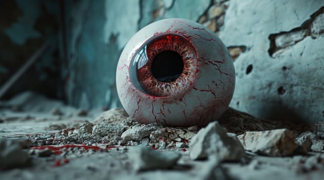 Giant bloodshot eyeball on a gritty surface photo