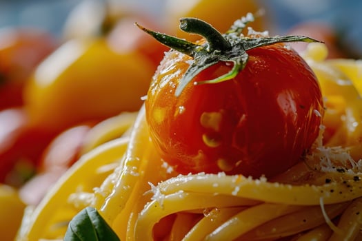 Close up of Fresh Tomato on Pasta with Basil and Cheese photo