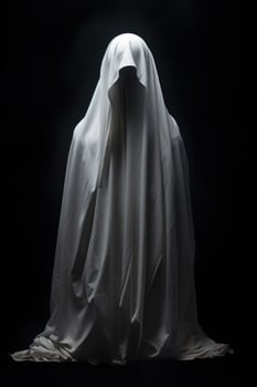 Mysterious figure shrouded in a white sheet against a dark background photo