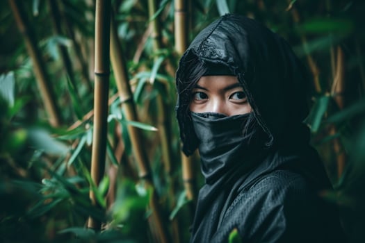 Mysterious person in a hooded cloak hiding in bamboo forest photo