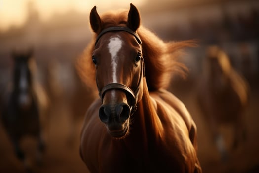Majestic horse galloping at sunset photo