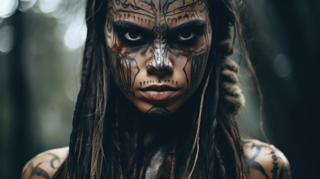 Portrait of a Woman with Tribal Face Paint in a Forest photo