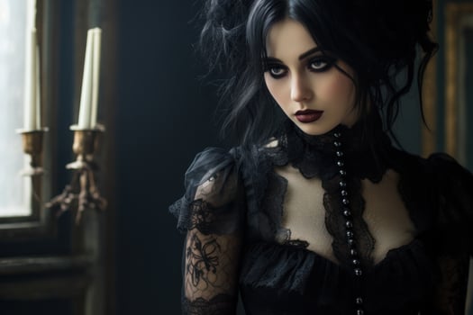 Gothic woman in vintage attire posing in a dark room photo