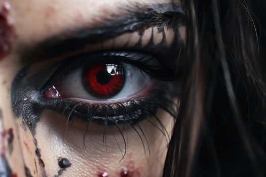 Close up of a spooky Halloween makeup with a red contact lens photo