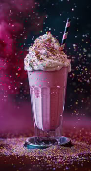 Colorful milkshake with whipped cream and sprinkles on a vibrant background photo