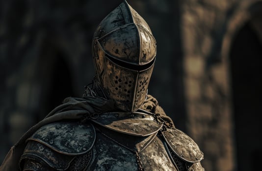 Medieval knight in armor standing guard photo