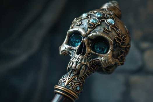 a metal skull with blue eyes on a wooden handle photo