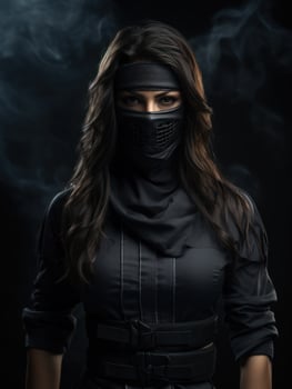 a woman in black with a mask photo
