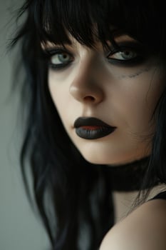a woman with black hair and black makeup photo