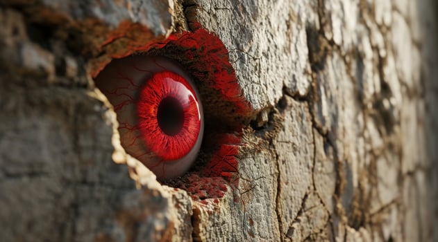 a red eyeball in a hole in a rock wall photo