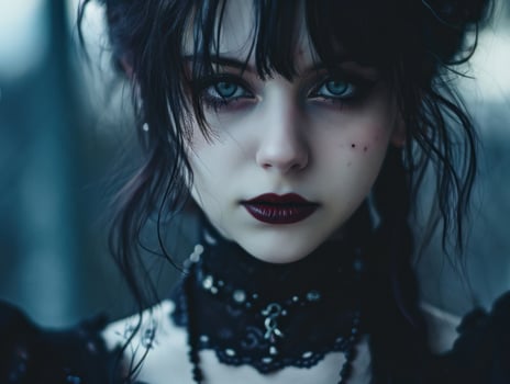 a woman with dark hair and blue eyes photo